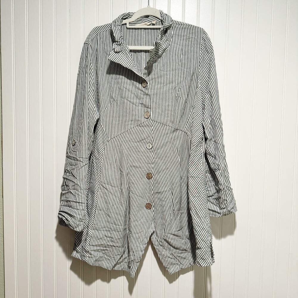 Soft Surroundings Sasha Asymmetrical Shirt Lagenlook Gray White Striped Size XL - Picture 2 of 8